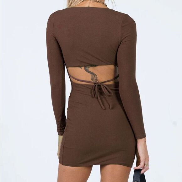 Princess Polly • Nolan brown ribbed mini dress - Picture 2 of 10